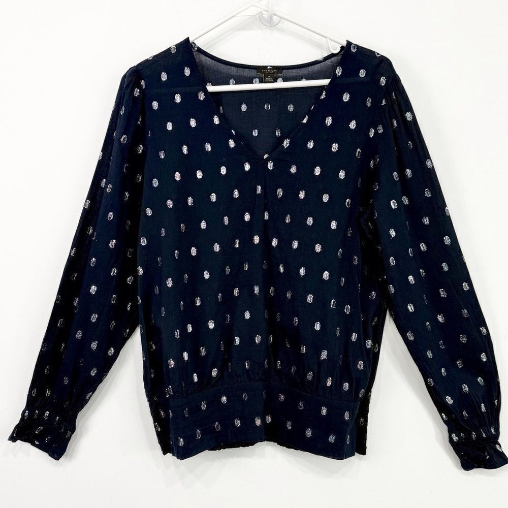 Ann Taylor Factory Navy Blue Silver Metallic Polka Dot Lightweight V Neck Blouse